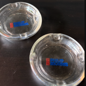 pair of vintage philip morris usa clear glass ashtrays