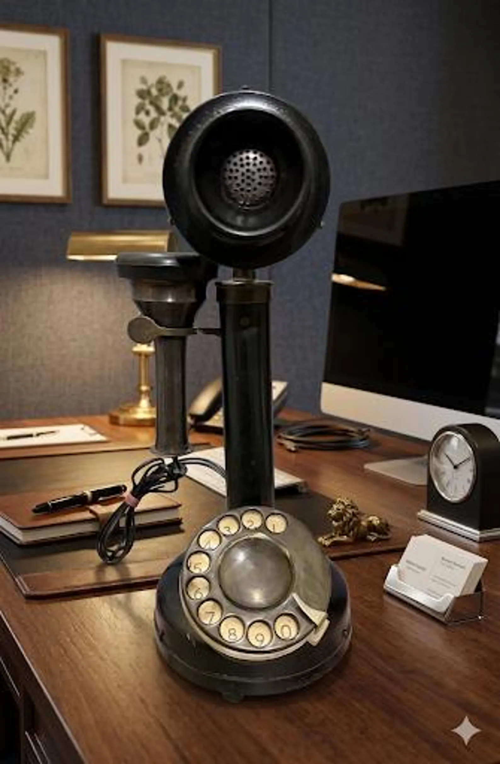 vintage black gold rotary candlestick phone, antique brass steampunk decor vintage black gold rotary candlestick phone, antique brass steampunk decor