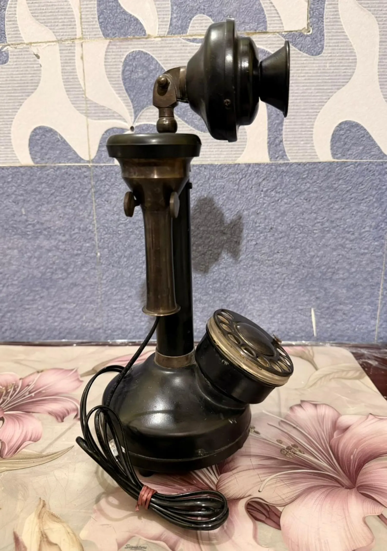 vintage black gold rotary candlestick phone, antique brass steampunk decor vintage black gold rotary candlestick phone, antique brass steampunk decor