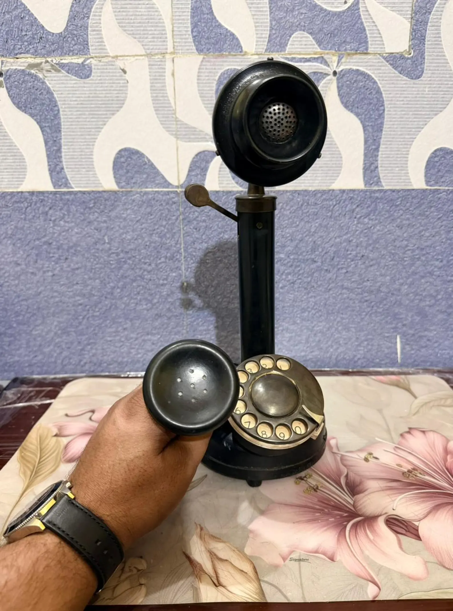 vintage black gold rotary candlestick phone, antique brass steampunk decor vintage black gold rotary candlestick phone, antique brass steampunk decor