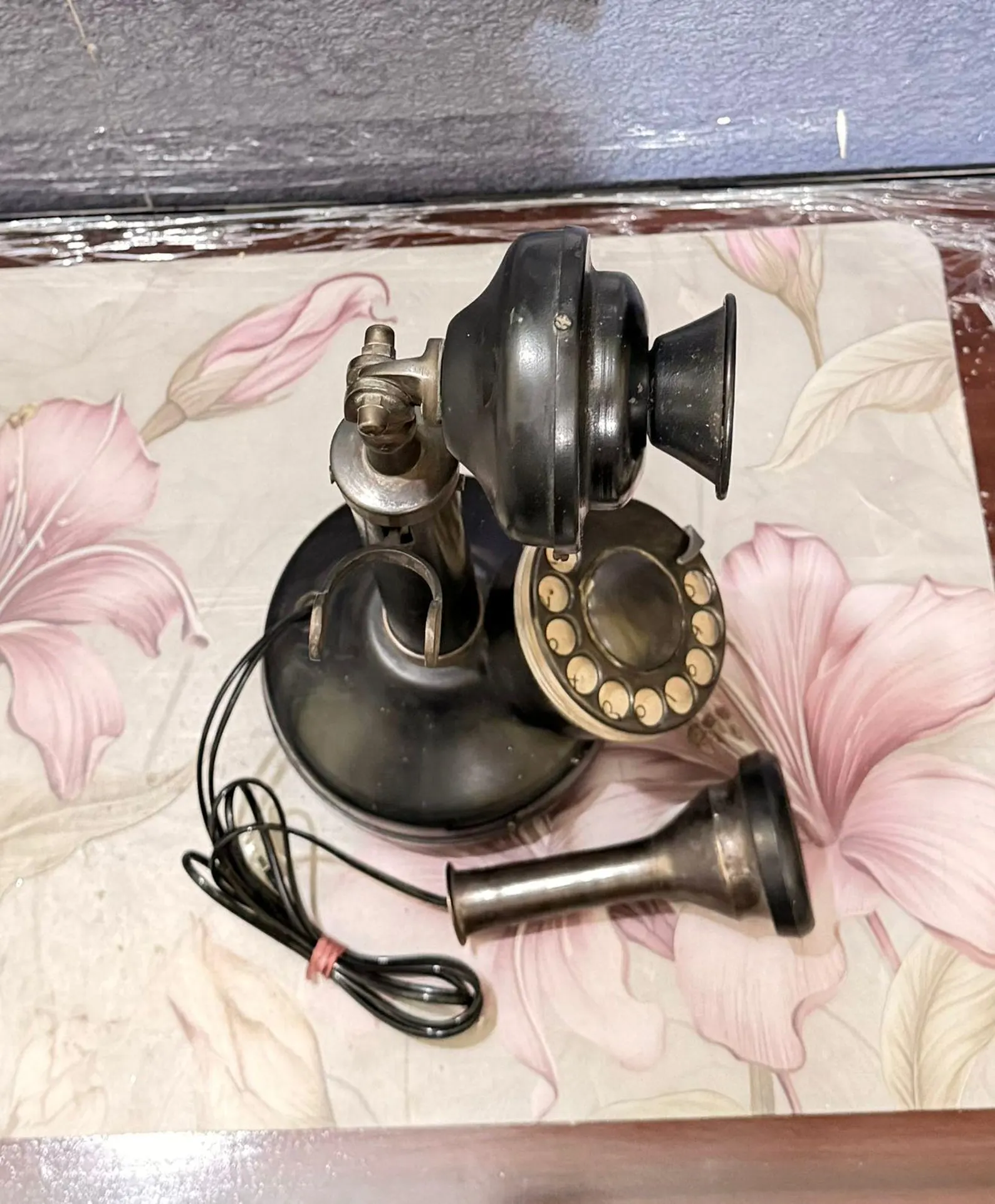 vintage black gold rotary candlestick phone, antique brass steampunk decor vintage black gold rotary candlestick phone, antique brass steampunk decor