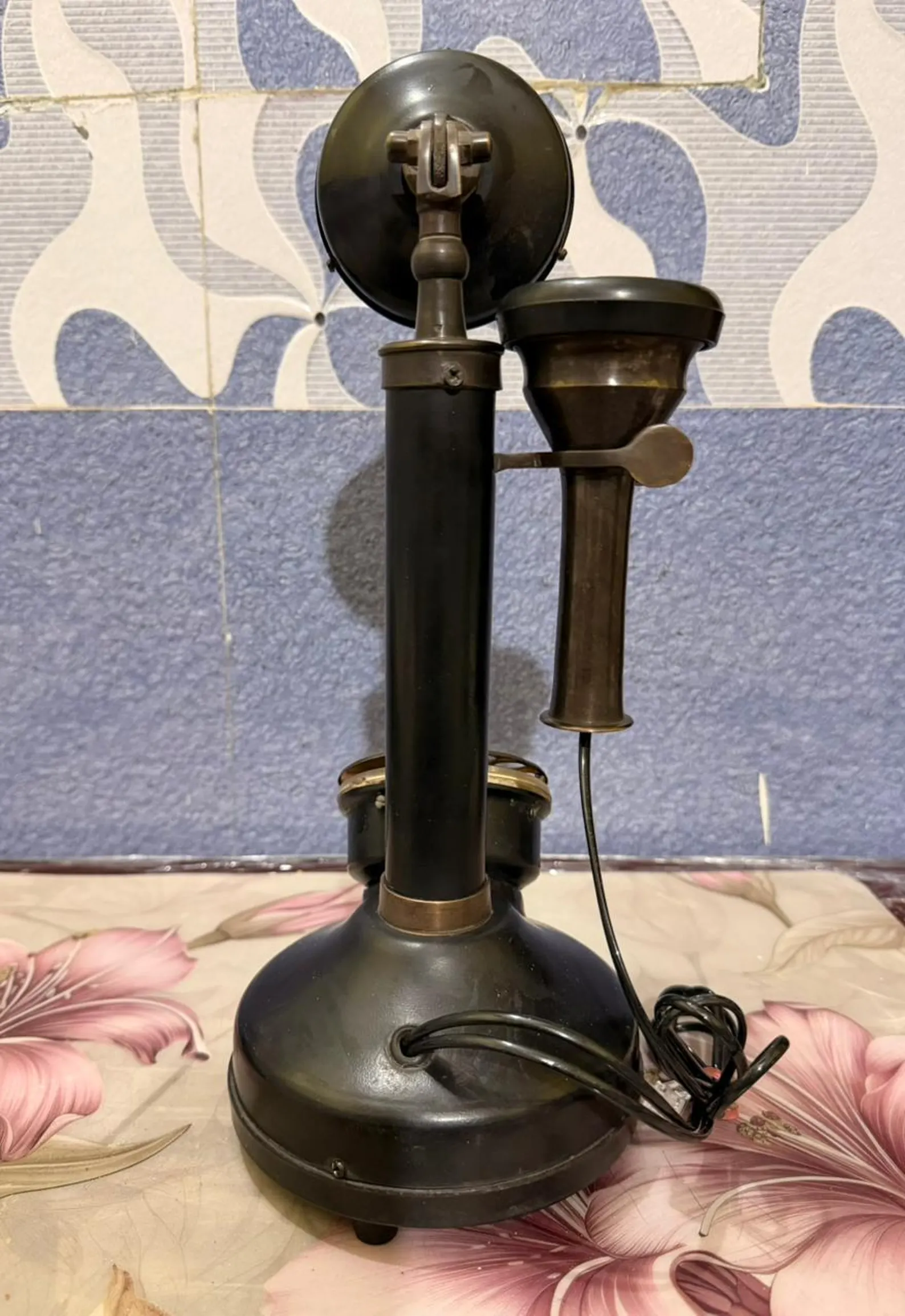 vintage black gold rotary candlestick phone, antique brass steampunk decor vintage black gold rotary candlestick phone, antique brass steampunk decor