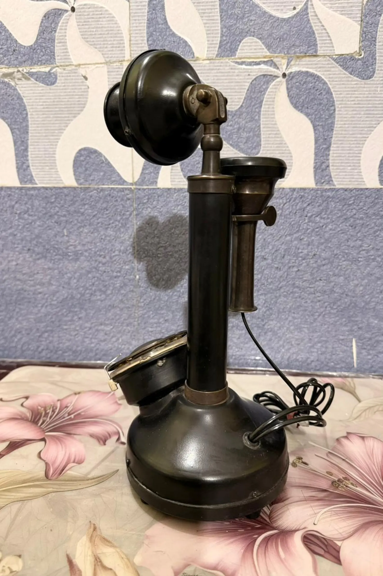 vintage black gold rotary candlestick phone, antique brass steampunk decor vintage black gold rotary candlestick phone, antique brass steampunk decor