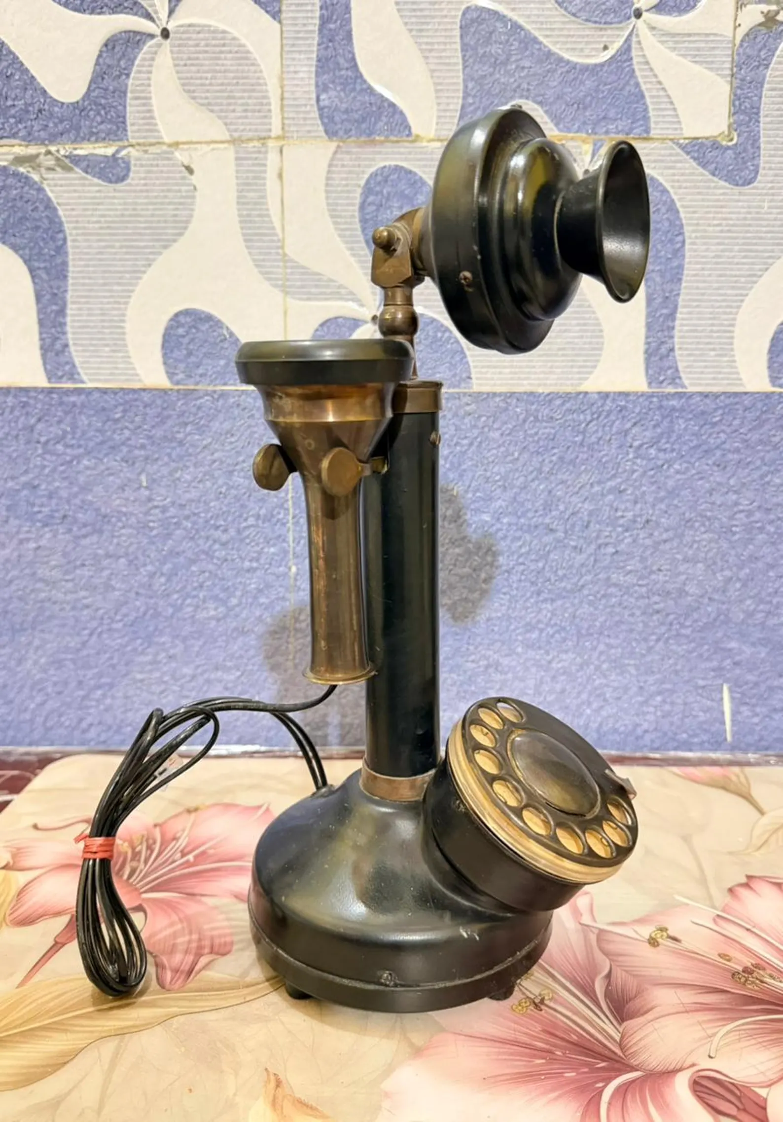 vintage black gold rotary candlestick phone, antique brass steampunk decor vintage black gold rotary candlestick phone, antique brass steampunk decor