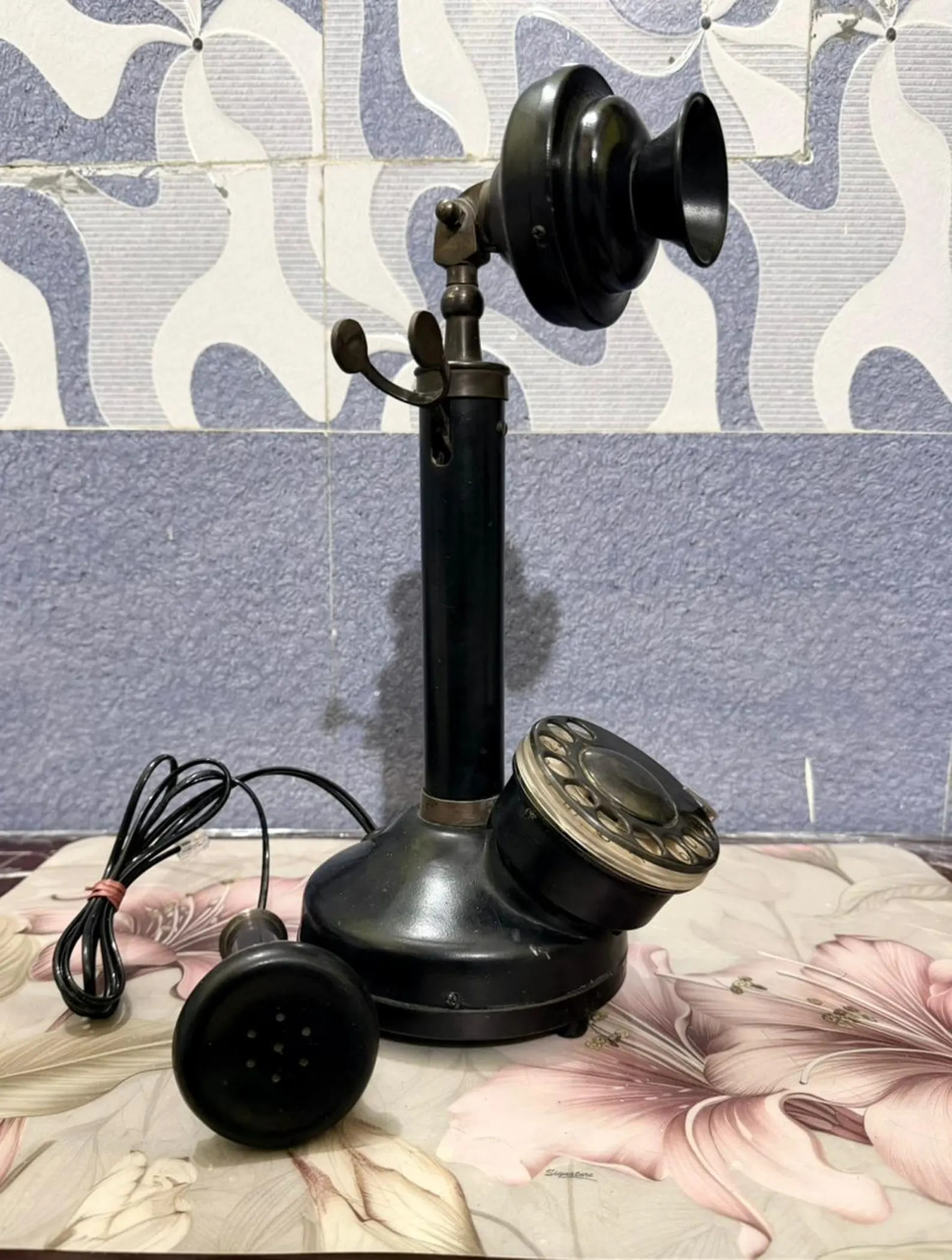 vintage black gold rotary candlestick phone, antique brass steampunk decor vintage black gold rotary candlestick phone, antique brass steampunk decor