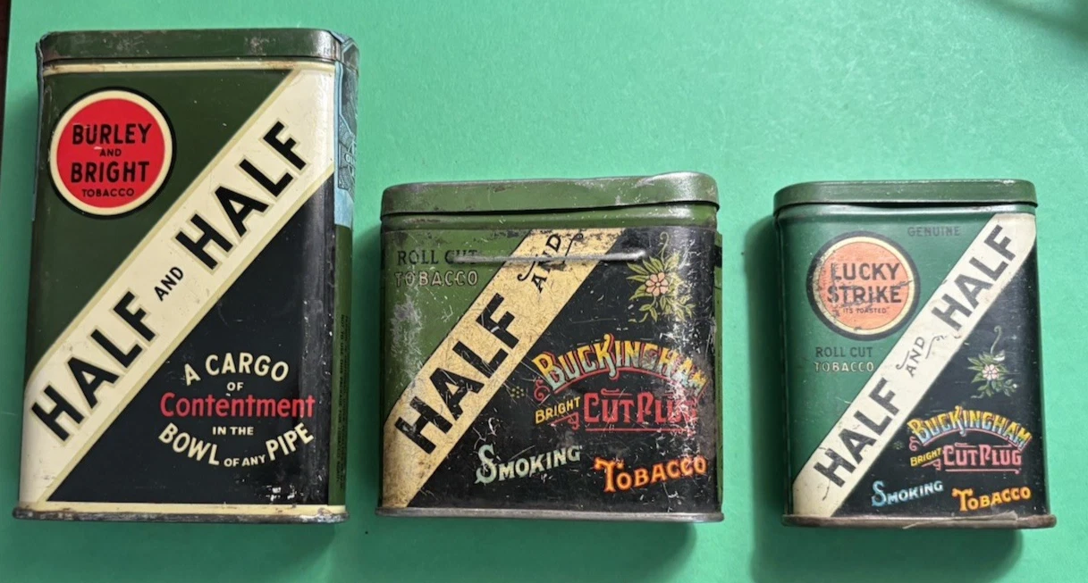 3 vintage half and half pocket tobacco tins regular mid & sample variations 3 vintage half and half pocket tobacco tins regular mid & sample variations