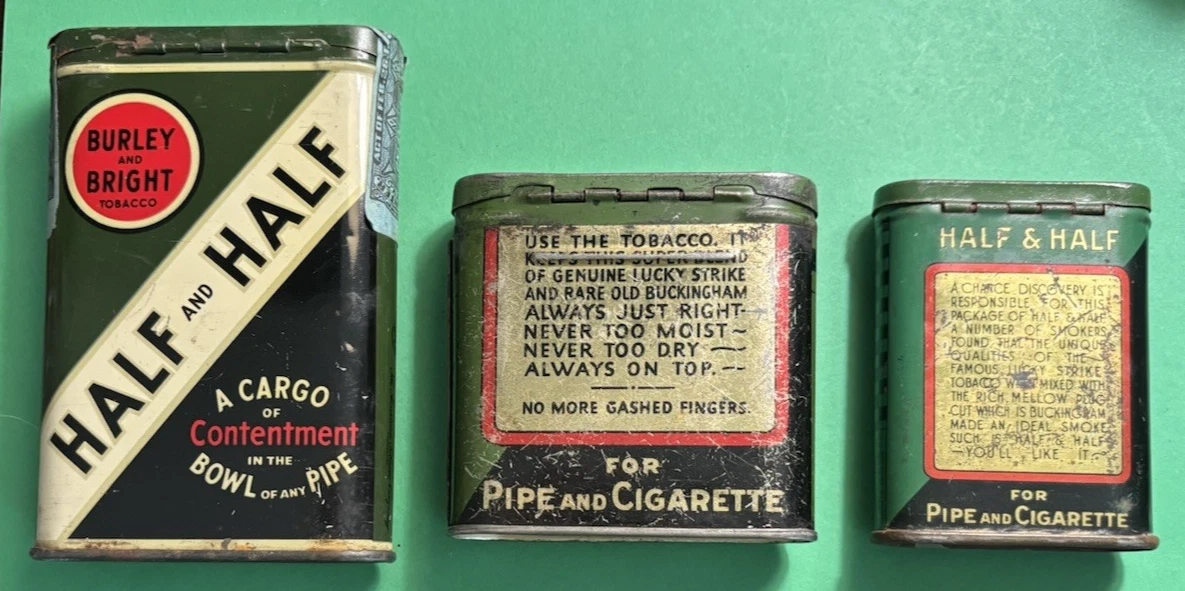 3 vintage half and half pocket tobacco tins regular mid & sample variations 3 vintage half and half pocket tobacco tins regular mid & sample variations