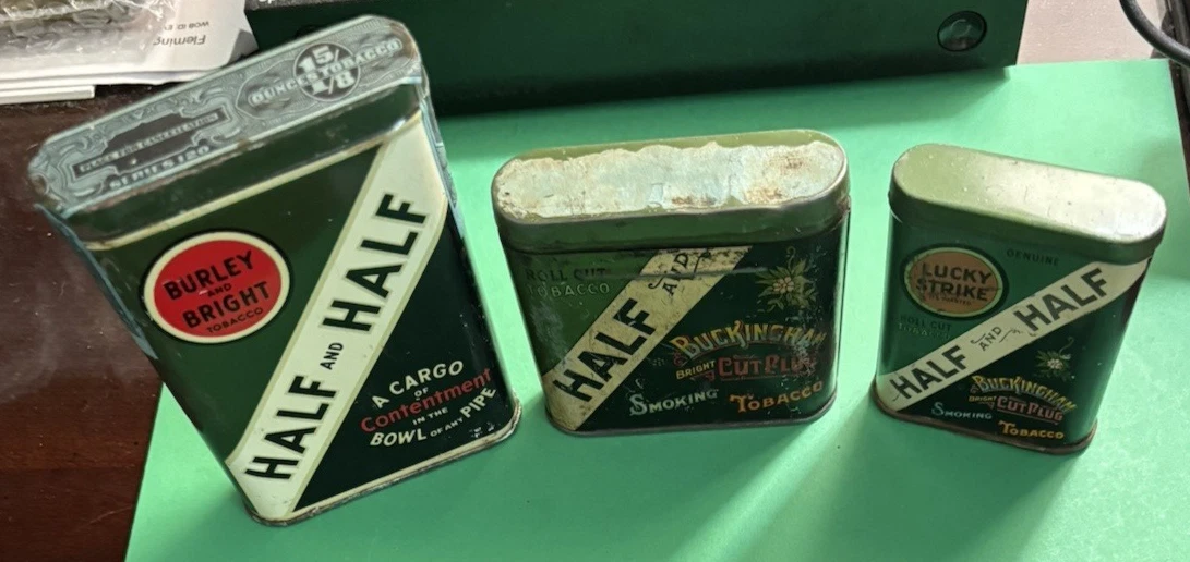 3 vintage half and half pocket tobacco tins regular mid & sample variations 3 vintage half and half pocket tobacco tins regular mid & sample variations