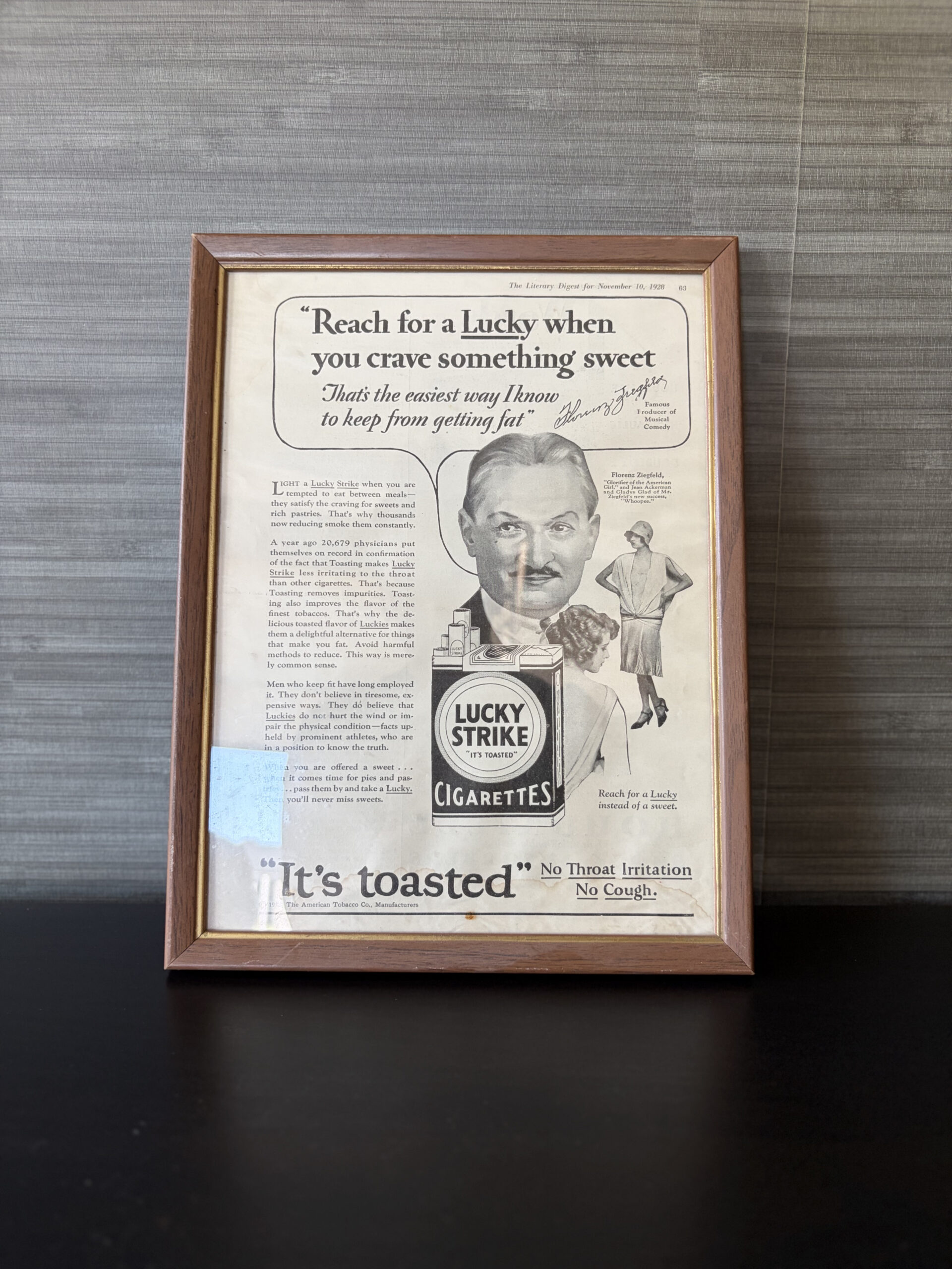 vintage 1928 lucky strike cigarettes florenz ziegfeld framed magazine advertisement vintage 1928 lucky strike cigarettes florenz ziegfeld framed magazine advertisement