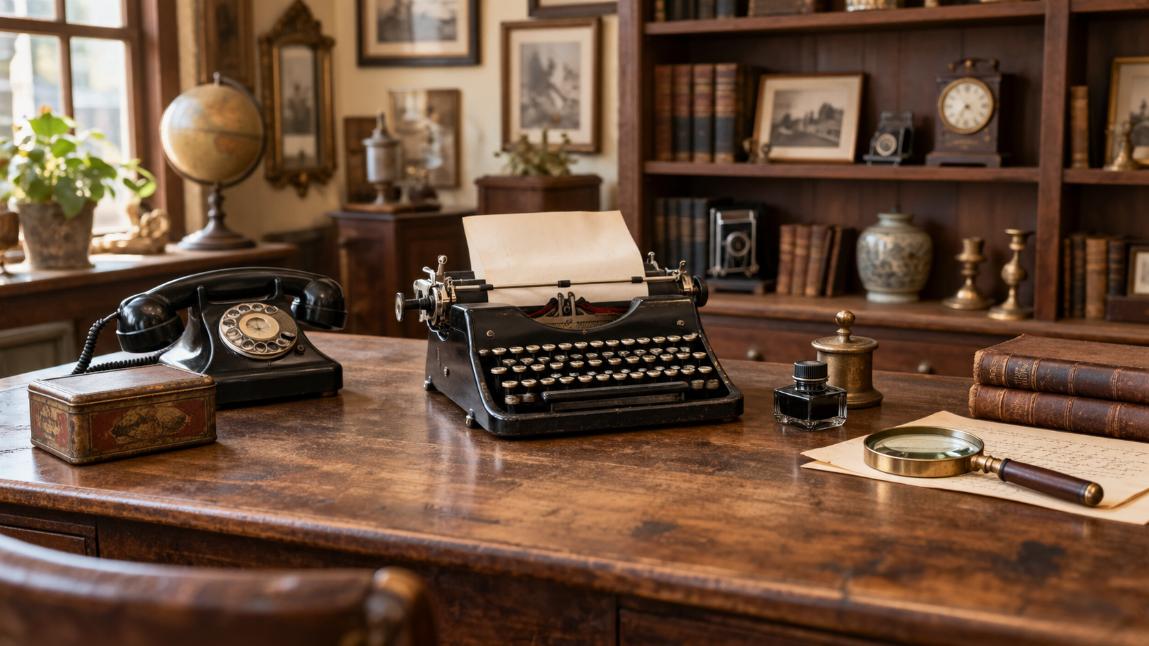 TypewriterS on antique wooden desk with rotary phone and books"